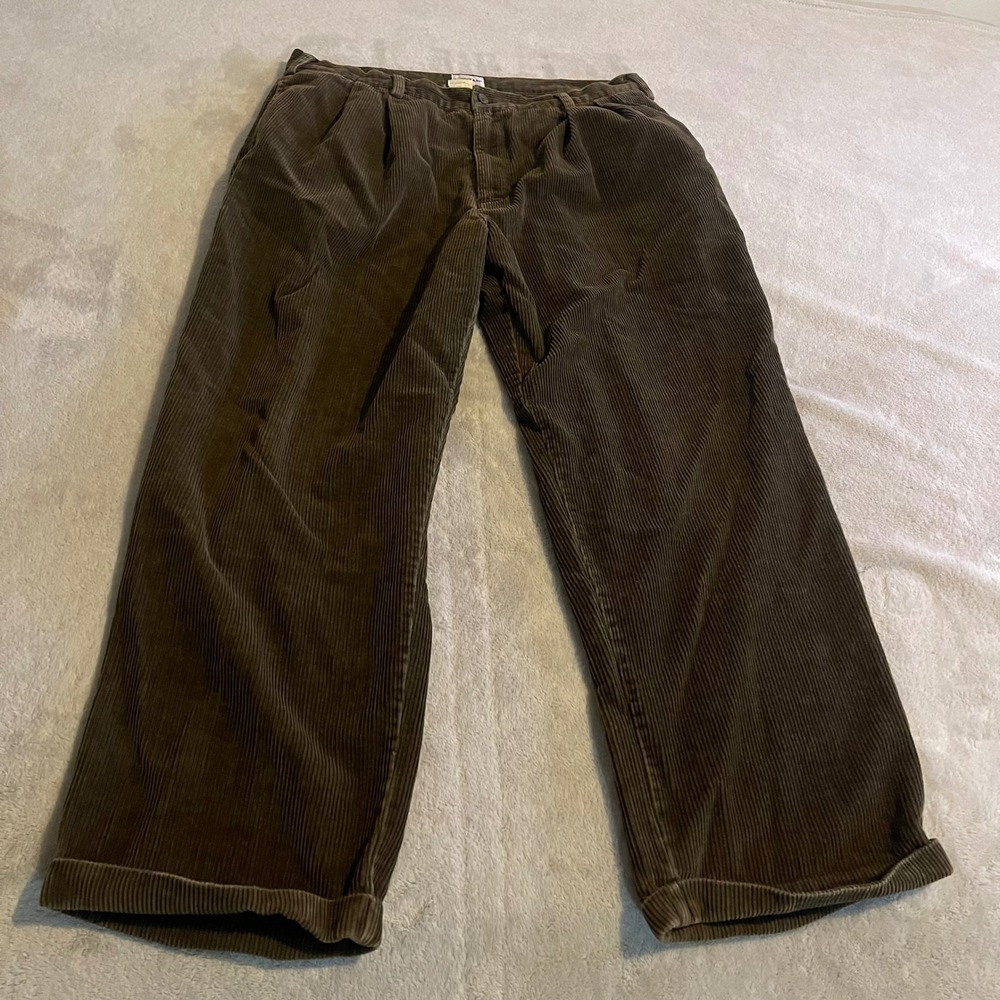 Vintage 90s Puritan Men Brown Corduroy Pleated Pants 38x30 Wide Wale Slacks